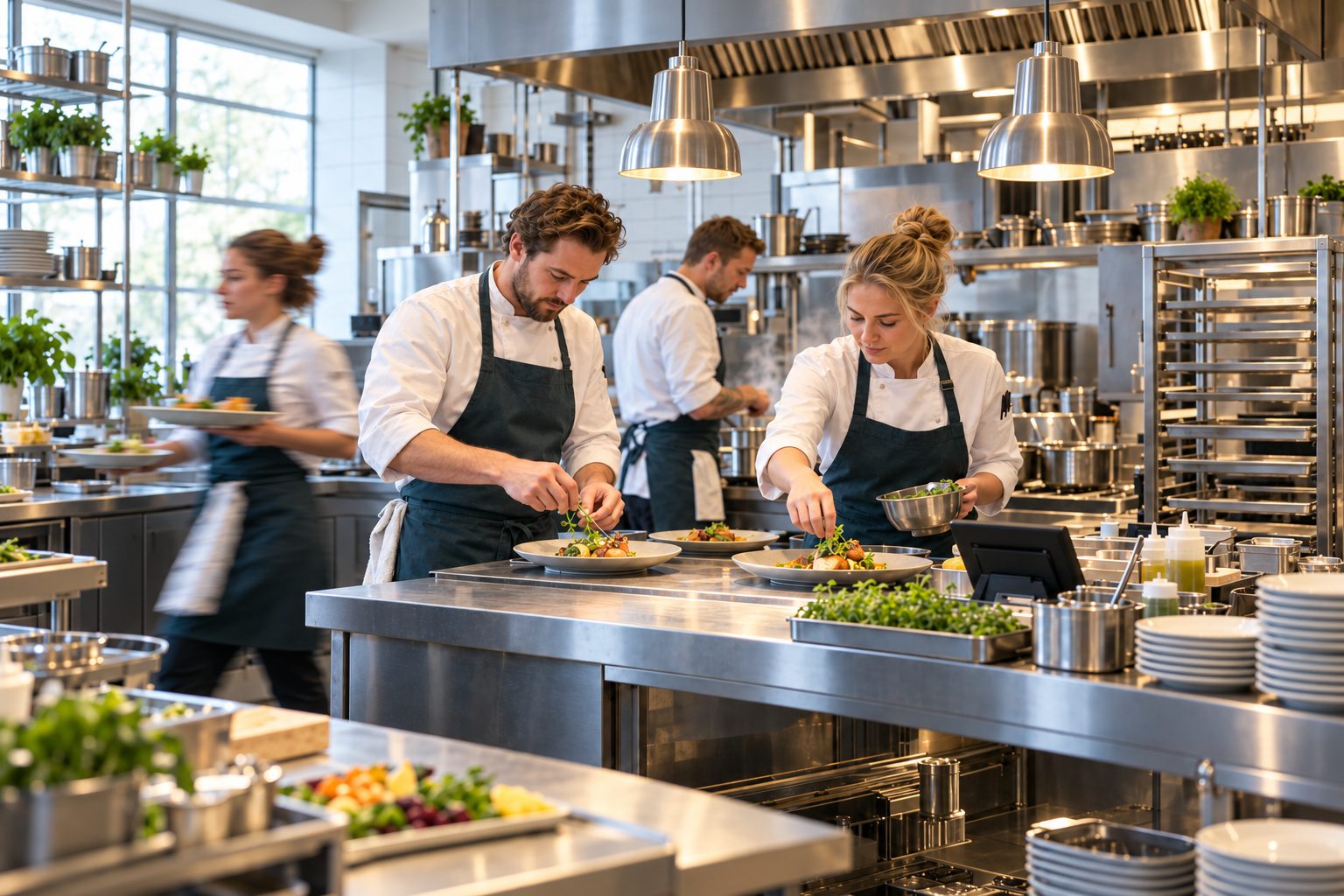 Kokke anretter retter i et travlt restaurantkøkken